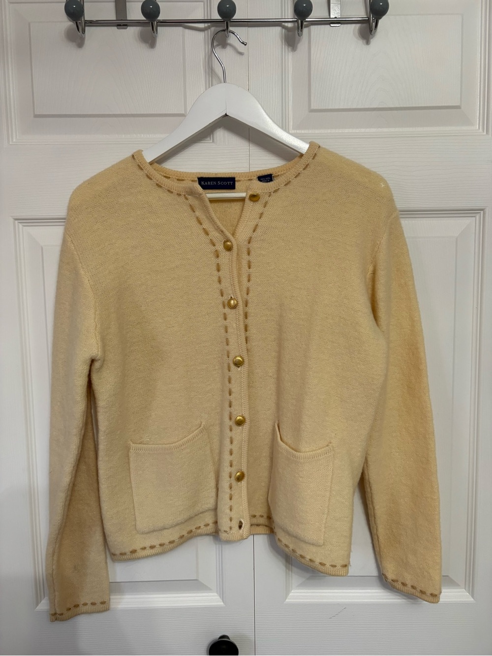 Karen Scott 100% Wool Cream-Butter Button-Front Cardigan Sweater